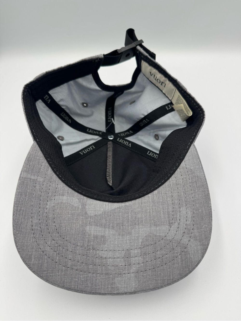 Vuori Gray Five-Panel Adjustable Cap/ Front Patch with faint camo design on brim - Picture 6 of 9